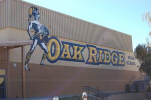 This photo shows the Oak Ridge High School logo painted on the side of the school in El Dorado Hills, California.