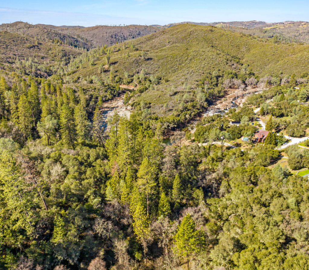 Undeveloped land in El Dorado County with hills, trees and creeks.