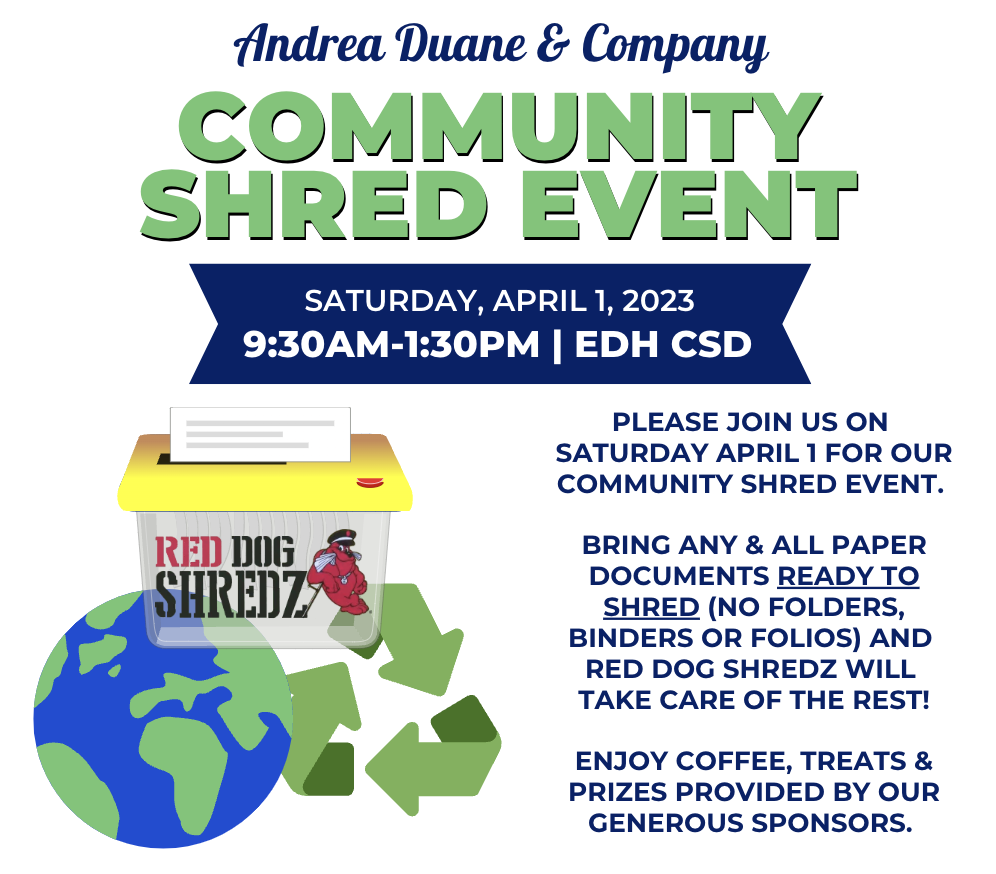 This is a flyer for a community shred event. With graphics of a shredding machine, recycling symbol and planet earth.